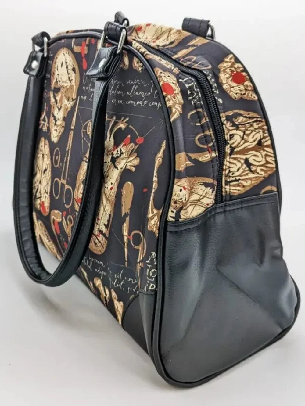 Black Anatomical Skull Print Dome Satchel - Unbranded